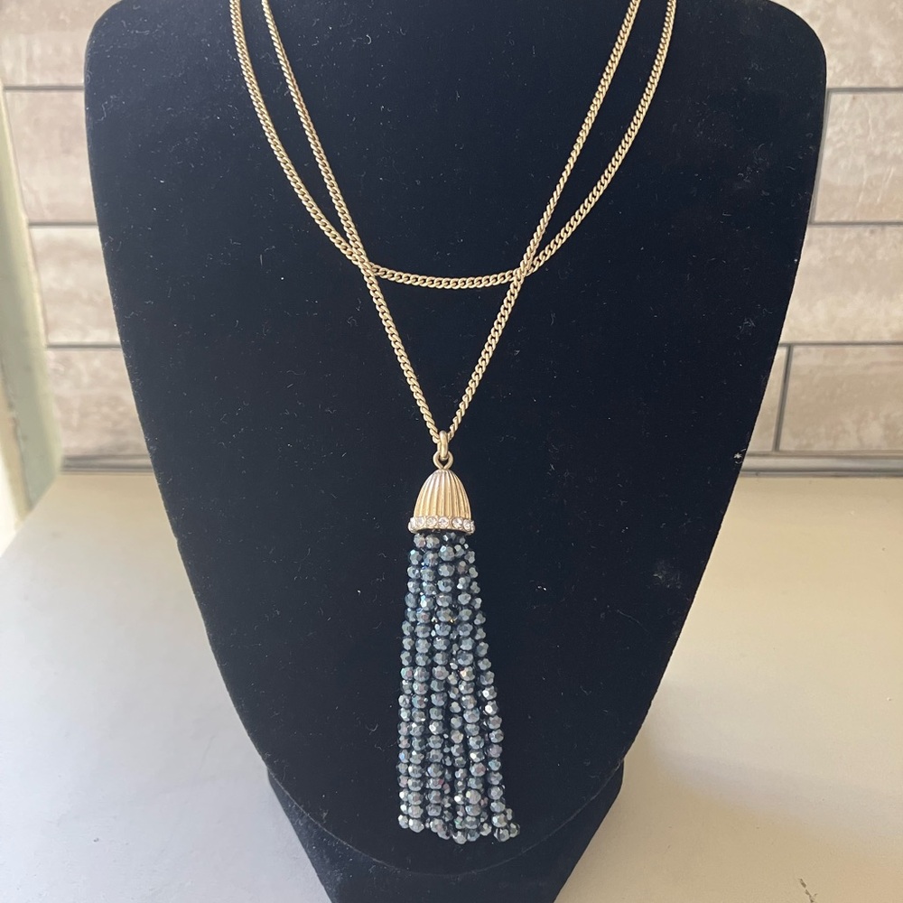 JCrew Gold Tone and Blue Beaded Tassel Necklace